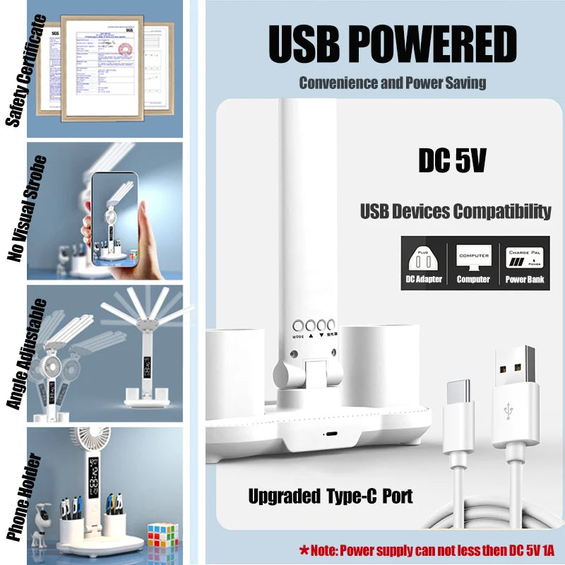Eye-care Table Lamp Digital Clock LED Light USB 3 Color Desk Lamp Touch Control Foldable With Fan Reading Night Light