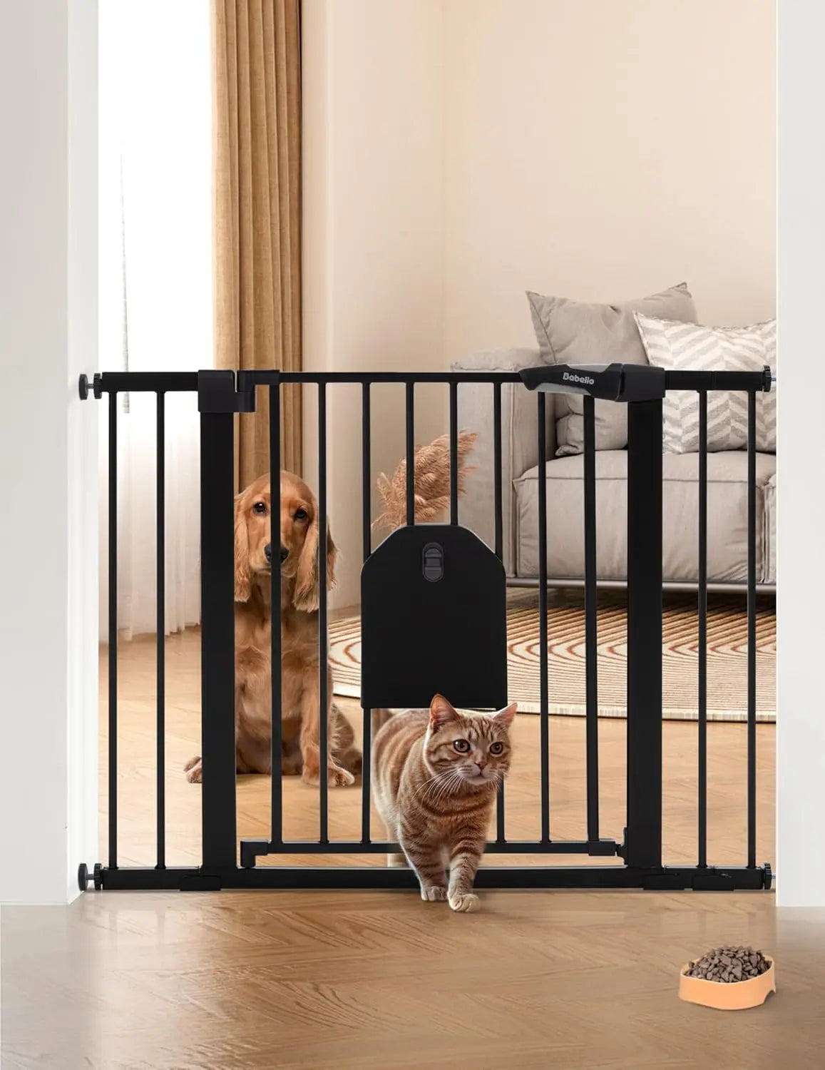 Auto Close Baby Gate with Cat Door,29-43" Metal Gate for Doorway,Stairs, House,Easy Walk Thru with Pet Door