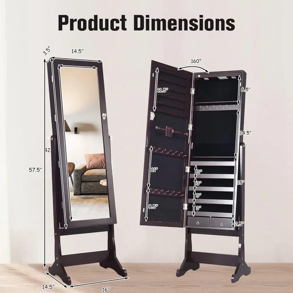 Standing Mirror Jewelry Cabinet, Large Storage Jewelry Organizer w/Full Length Mirror, 4 Adjustable Angles & 2 LED Light