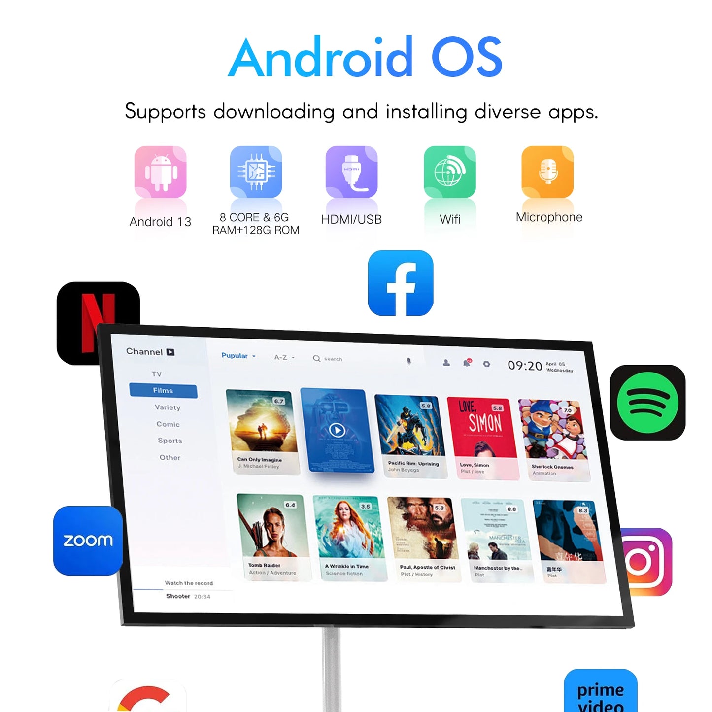 MWE 32 inch portable smart monitor on wheels, 2K smart touch screen with Android OS, 8H video playback time