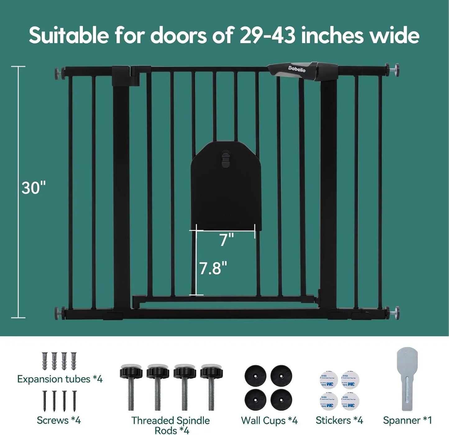 Auto Close Baby Gate with Cat Door,29-43" Metal Gate for Doorway,Stairs, House,Easy Walk Thru with Pet Door
