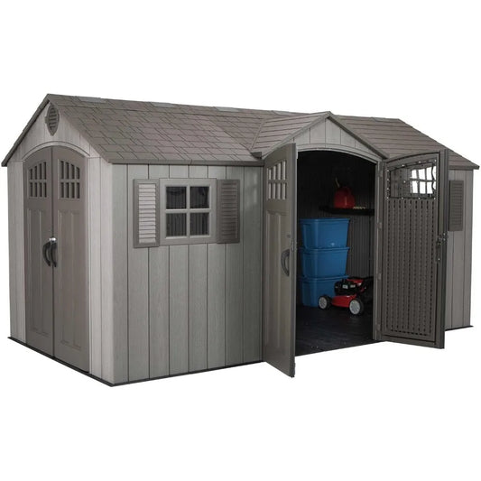 15 ft x 8 ft Outdoor Storage Shed, Dual Entry, Gray, Resin Backyard Tool Shed with Lockable Doors and Weather-Resistant