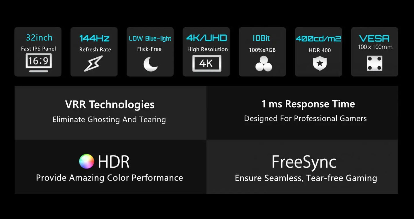 FYHXele 32Inch 4K 144Hz PC IPS Panel Monitor UHD LED Display Desktop Gaming Computer Screen FreeSync G-Sync Technology 3840*2160