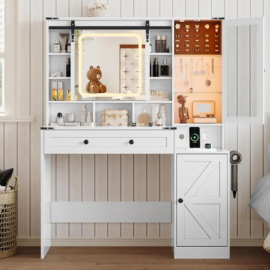 Vanity Desk with Sliding Mirror and Lights, Farmhouse Vanity Table Set with Power Outlet & RGB Cabinet, Dressing Table wi