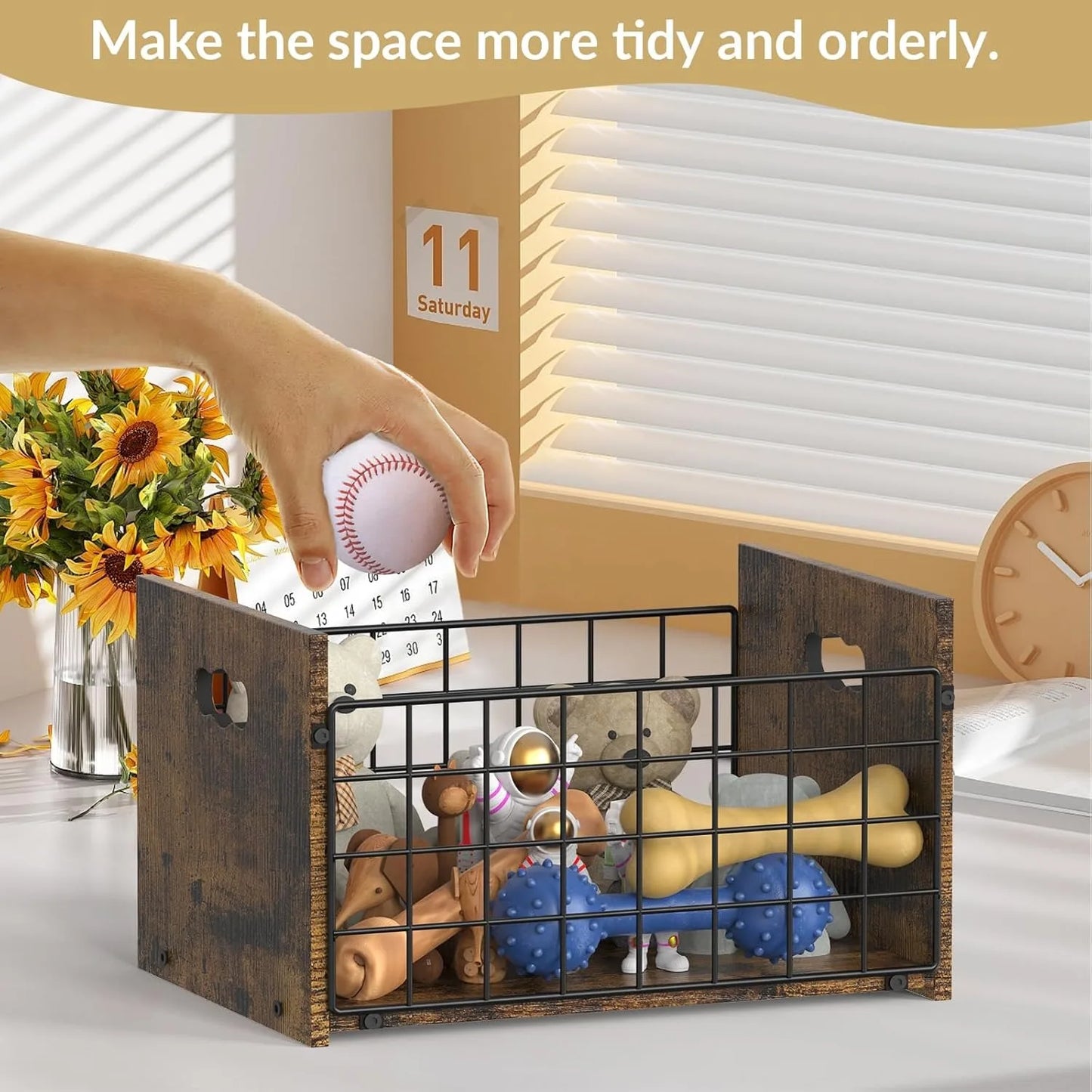 Metal Dog Toy Basket Organizer | Wooden Pet Storage Box for Puppy/Small Dogs | Multi-Purpose Chest for Leash,Blanket,Dog Food