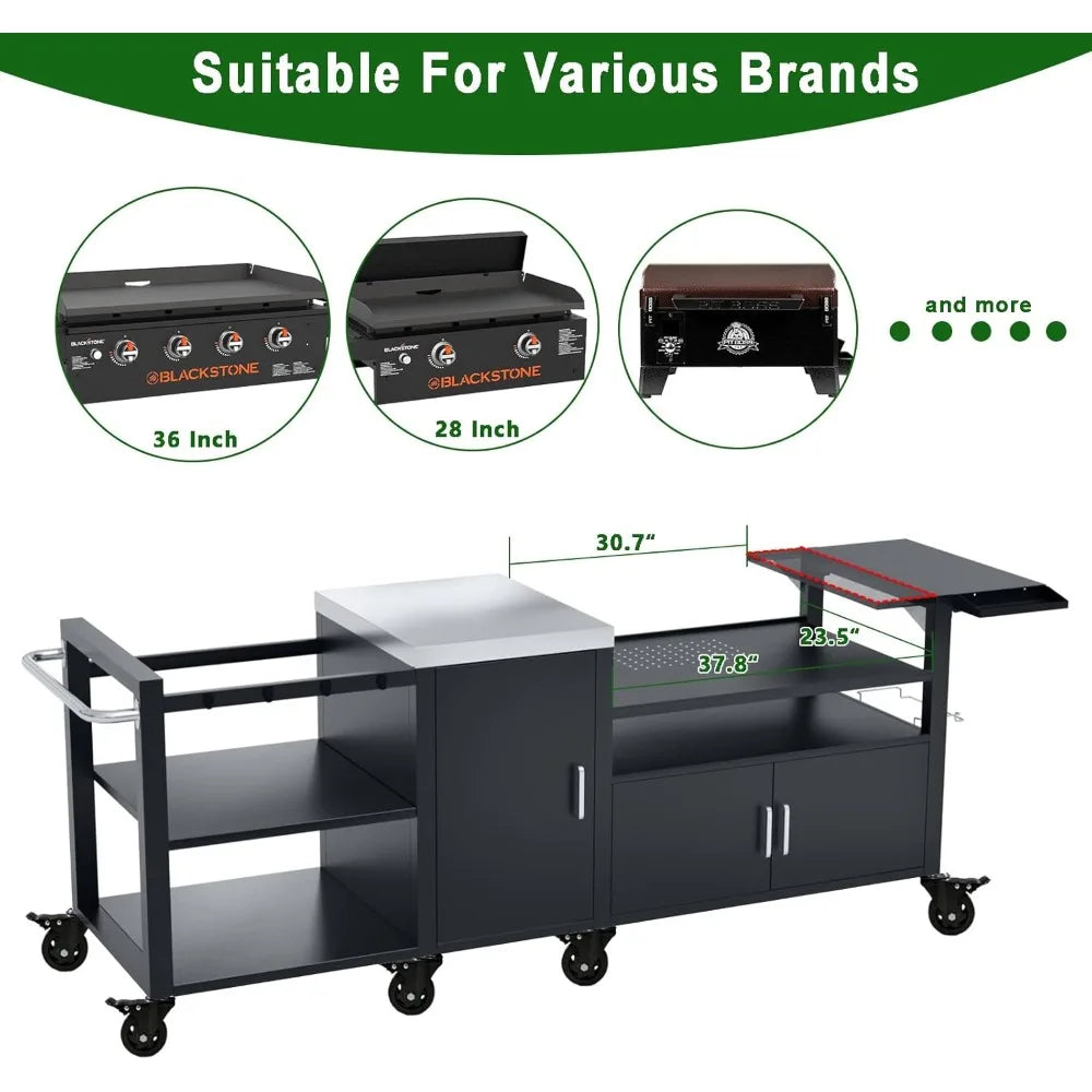 outdoor grill cart for big green egg& blackstone griddle, metal grill table compatible with large big green egg and 28"/36" bla