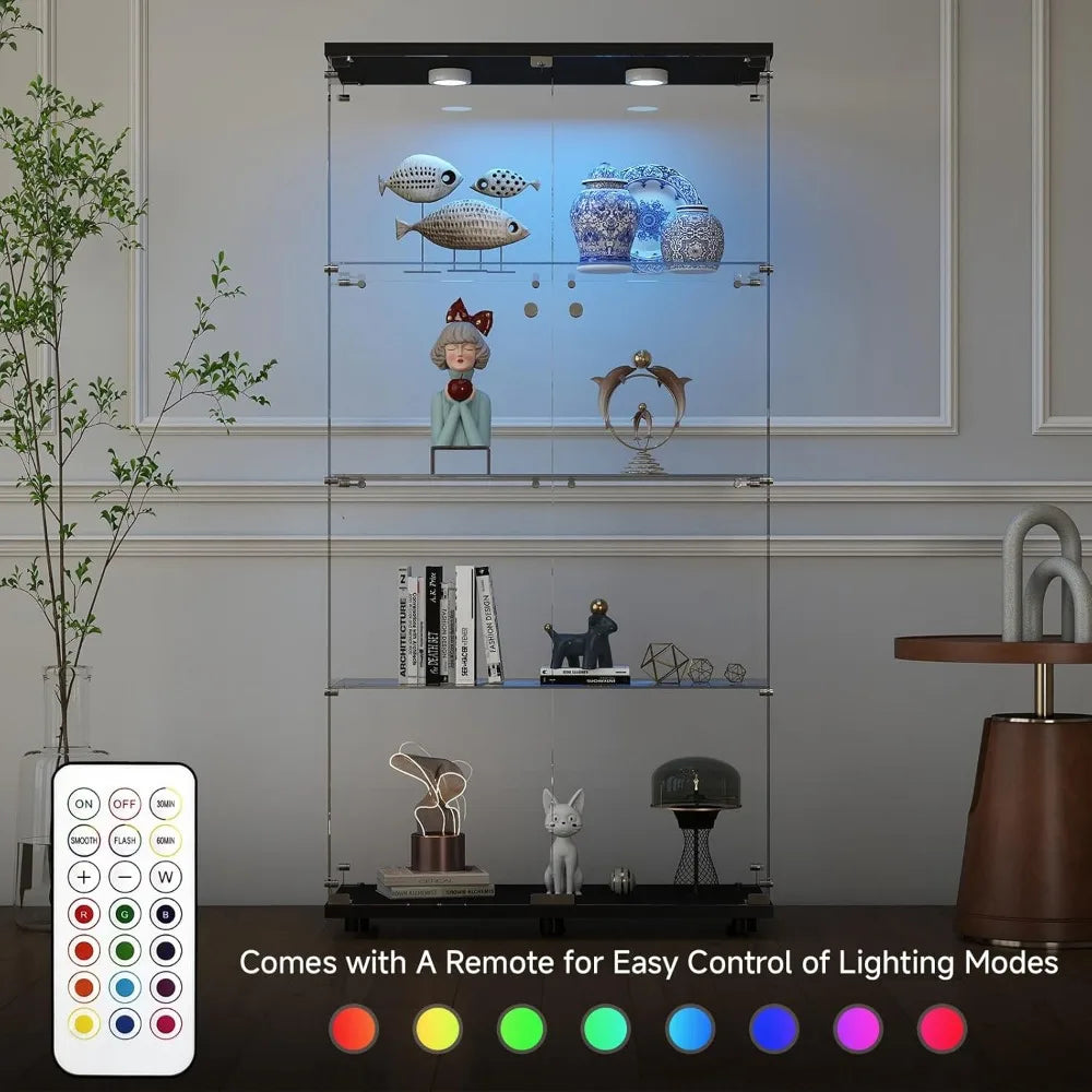 Tempered Glass Display Cabinet w/Lights, 4-Tier Curio Cabinet with Glasss Doors and Lock, Glass Display Case for Collectibles