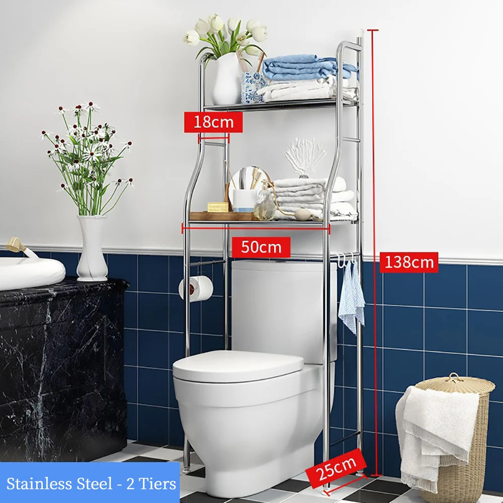 Stainless Steel Over Toilet Organizer Rack w/Removable Towel Hooks, Paper Holder, Bathroom Organizer Over Toilet, Easy Assembly