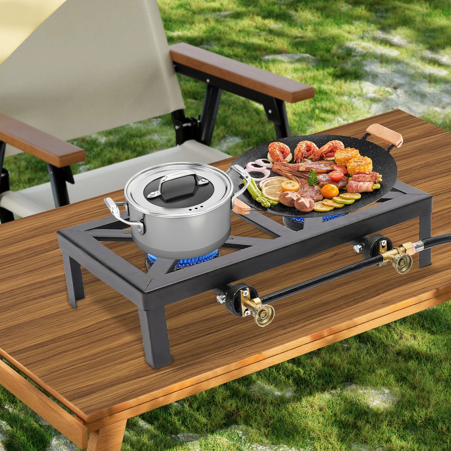 2 Burners Portable Gas Stove Camping Grill Propane Cooker Outdoor Gas Stove Desktop Burner for BBQ Picnic Hiking 8000W