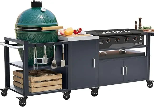 outdoor grill cart for big green egg& blackstone griddle, metal grill table compatible with large big green egg and 28"/36" bla