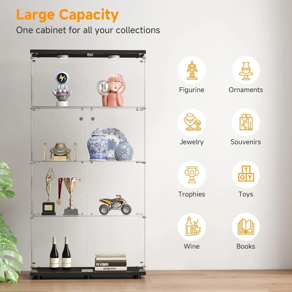 Tempered Glass Display Cabinet w/Lights, 4-Tier Curio Cabinet with Glasss Doors and Lock, Glass Display Case for Collectibles