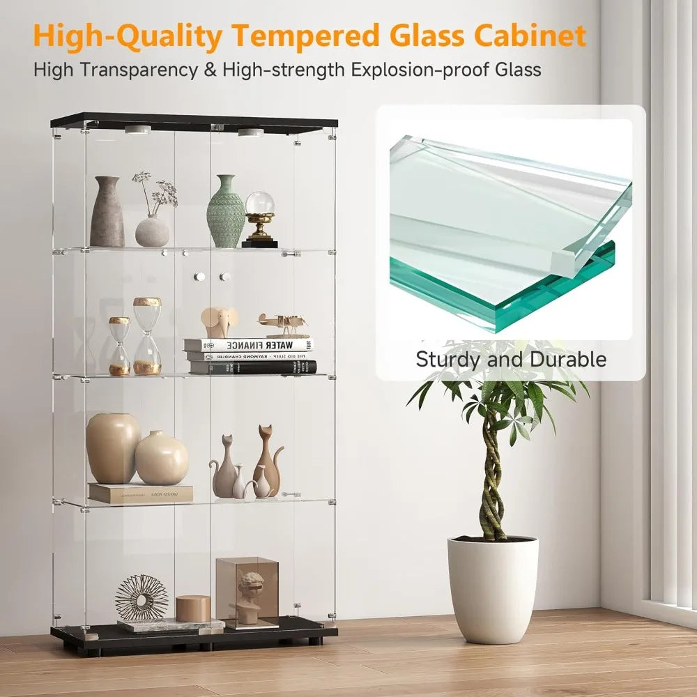 Tempered Glass Display Cabinet w/Lights, 4-Tier Curio Cabinet with Glasss Doors and Lock, Glass Display Case for Collectibles