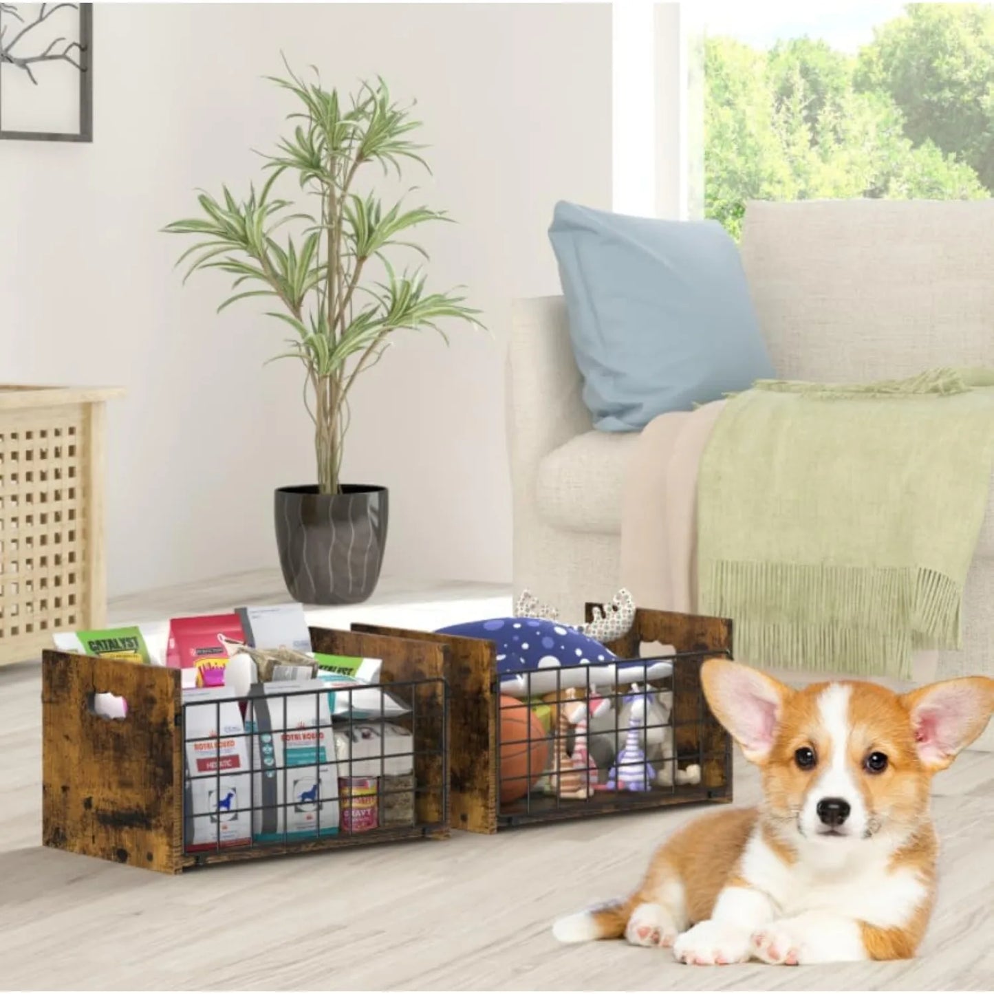 Metal Dog Toy Basket Organizer | Wooden Pet Storage Box for Puppy/Small Dogs | Multi-Purpose Chest for Leash,Blanket,Dog Food