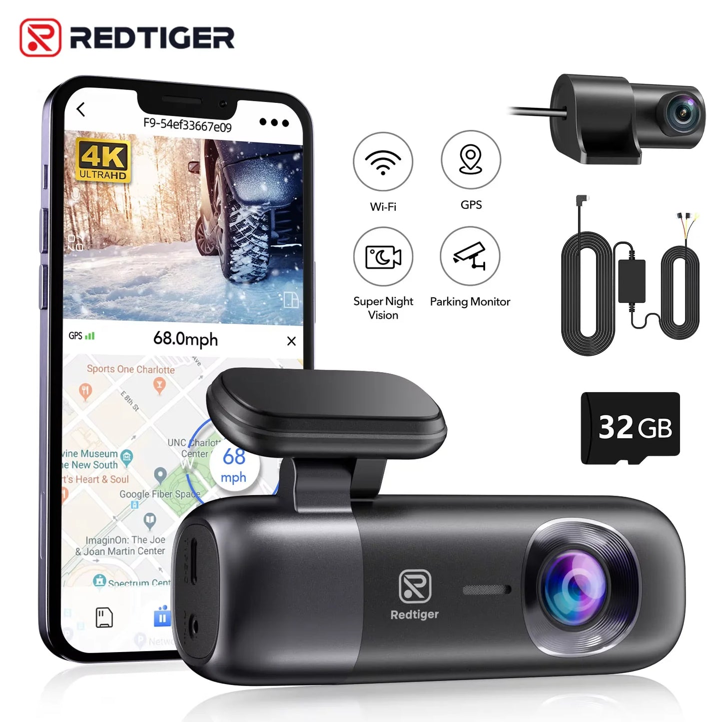 REDTIGER F9 Dash Cam 4K Front and Rear WiFi GPS Car Camera for Parking Mode 64GB Night Vision Car Recorder By App Control