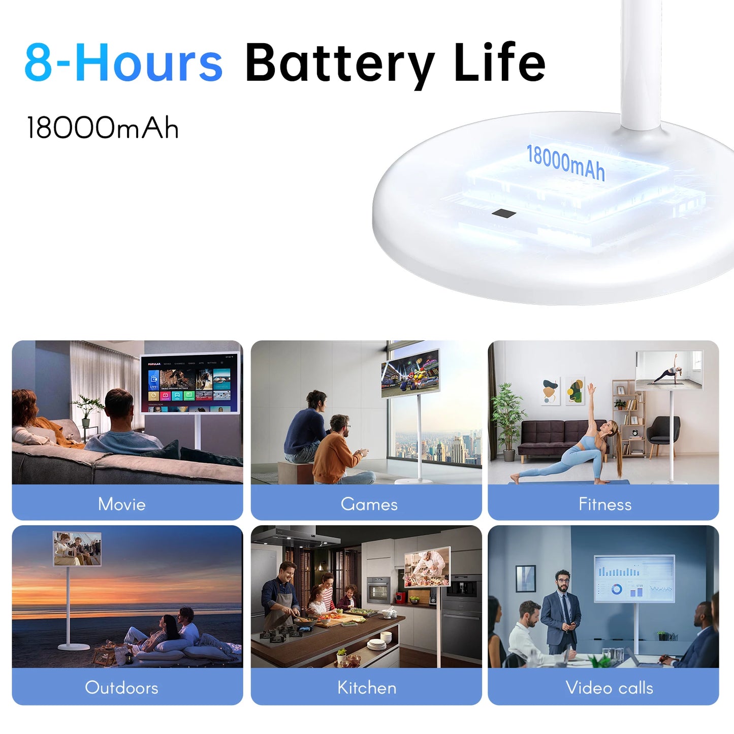 MWE 32/43-Inch Portable TV Smart Screen on Wheels, 2K Rotatable Monitor with Touchscreen, Android OS, 8H Video Playback Time