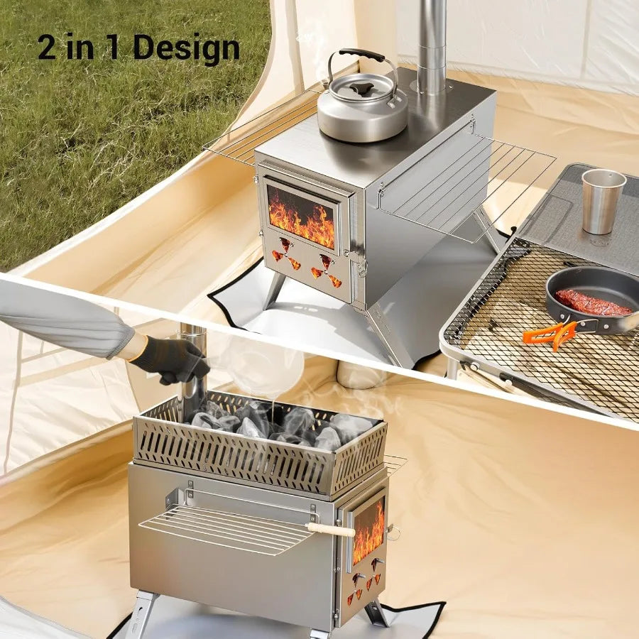 2 in 1 Wood Burning Sauna Hot Tent Stove with Integrated Chimney Pipe for Outdoor Camping Heating Efficient Indoor-Outdoor Use