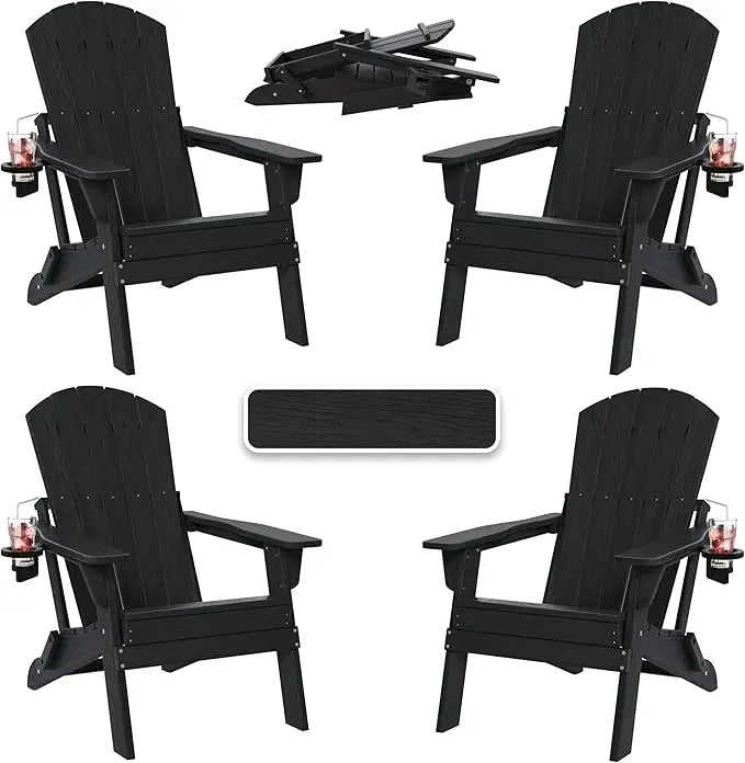 Folding Adirondack Chair with Cup Holder, HDPE All Weather Resistant Plastic Outdoor Patio Chairs, Heavy Duty Fire Pit Seating
