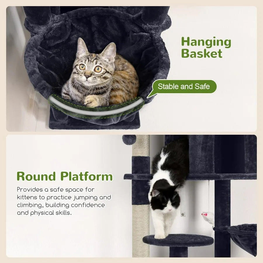 82inch XXL Tall Cat Tree Tower for Multiple Adult Indoor Cats with Scratching Post 3 Perches 2 Condos 2 Hanging Baskets Ideal f