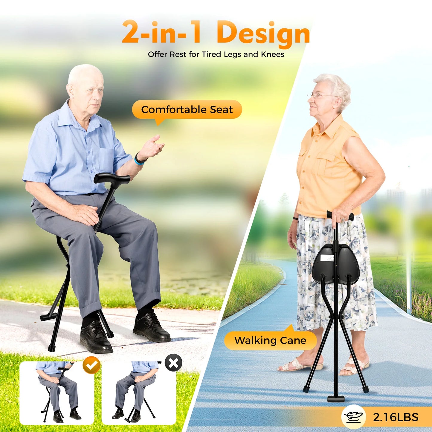 Foldable Cane with Seat Aluminum Alloy 249.12lbs Load-bearing Ergonomic Handle Anti-slip Feet for Elderly Outdoor Travel Waiting