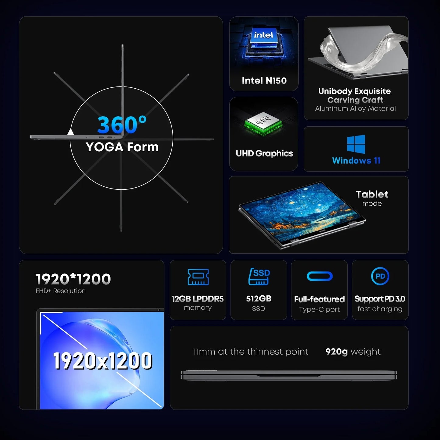 CHUWI MiniBook X N150 Laptop 10.51 Inch 16GB /12GB RAM 512GB SSD 2-in-1 Yoga Mode Intel Windows 11 Notebook 360° Flipable WiFi 6