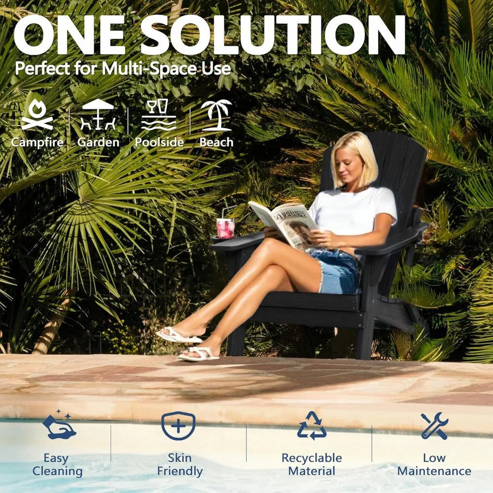 Folding Adirondack Chair with Cup Holder, HDPE All Weather Resistant Plastic Outdoor Patio Chairs, Heavy Duty Fire Pit Seating