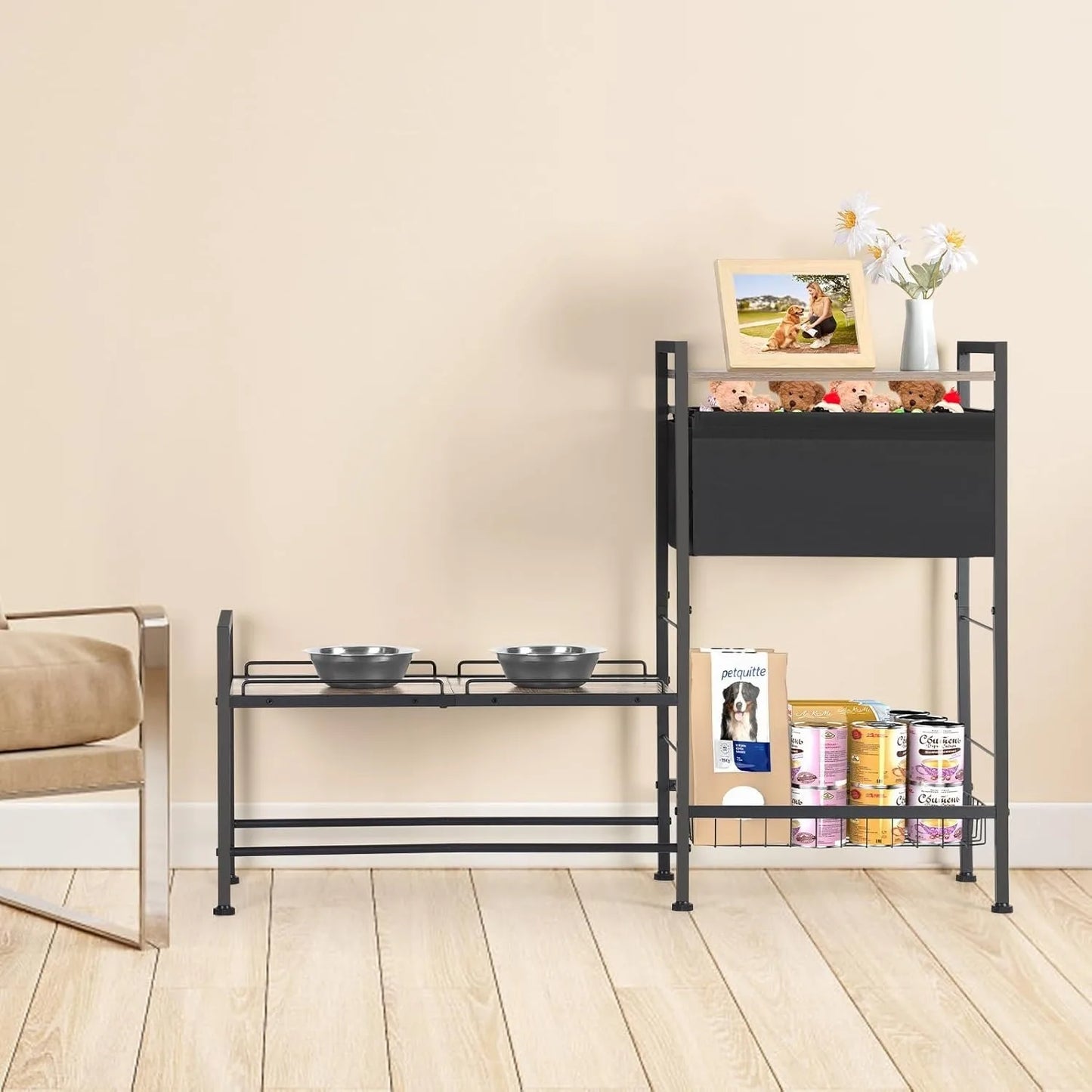 Height Adjustable Dog Bowl Stand w/ Storage Shelf, Raised Feeder Station for Small Medium Dogs, Food & Toys Organizer Bin