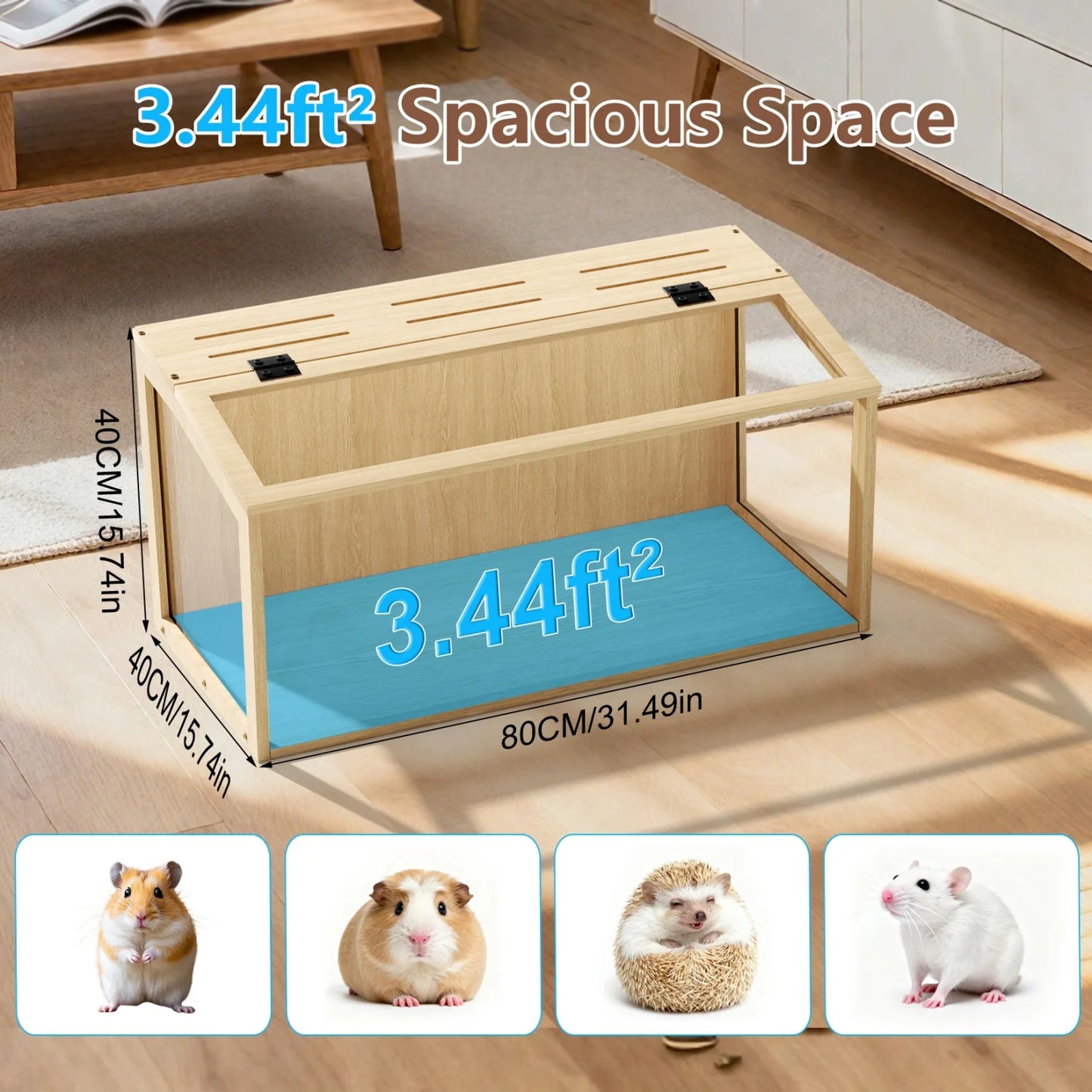 60/80CM Hamster Cage Chewproof Wooden Guinea Pig Cages Habitat House Tempered Glass Panels Built-in LED Light