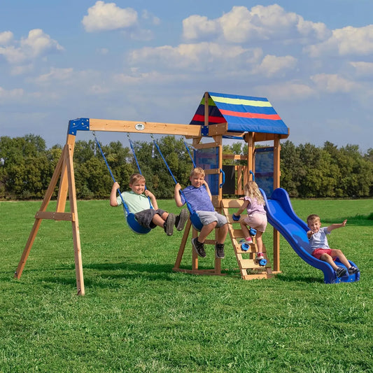Bay Pointe Cedar Wood Swing Set with Wave Slide, Play Deck, Rock Wall Ladder, Belt Swings, Chalkboard, Canopy