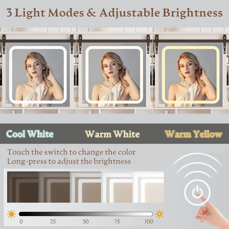 Vanity Desk with Sliding Mirror and Lights, Farmhouse Vanity Table Set with Power Outlet & RGB Cabinet, Dressing Table wi