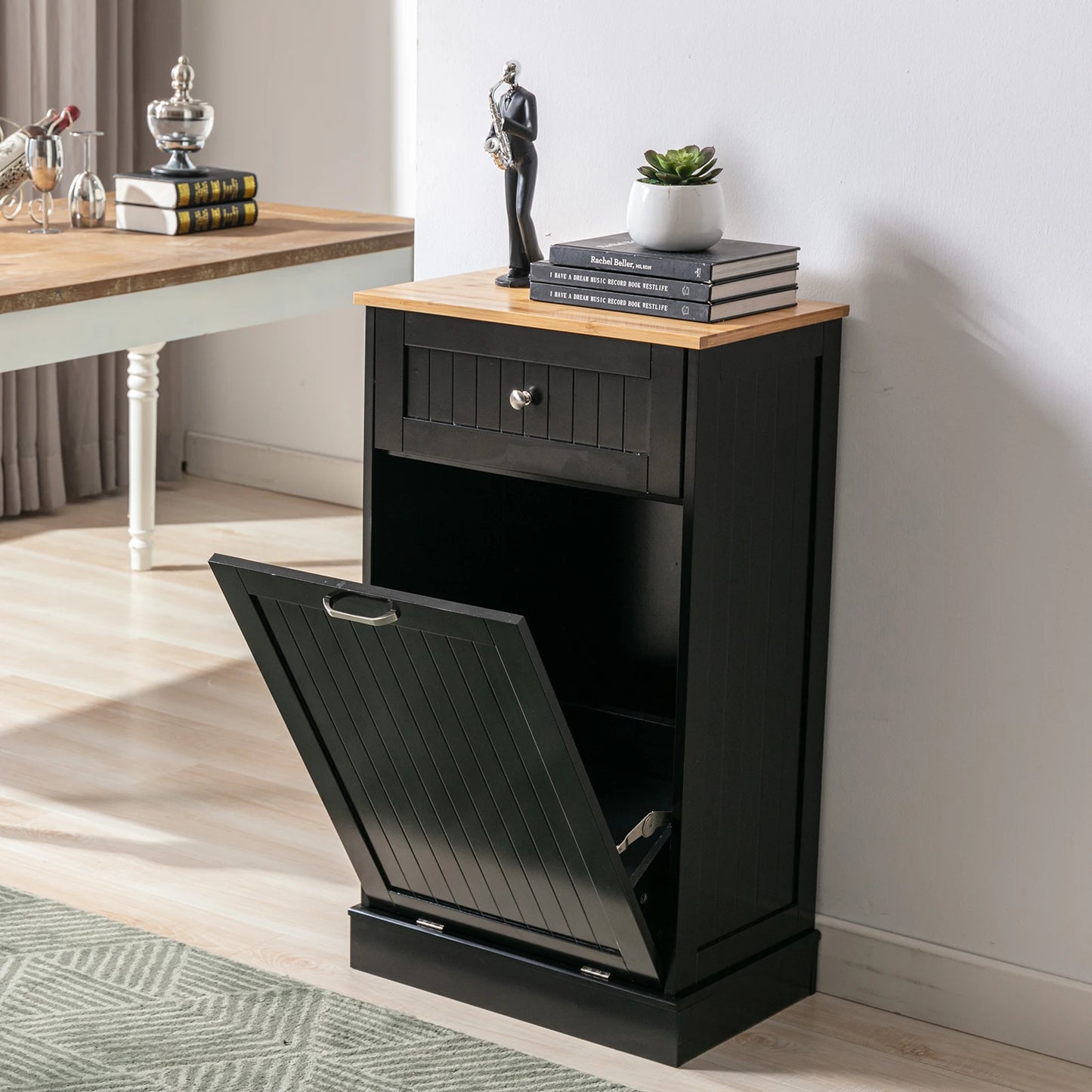 Single Trash Cabinet Tilt Out Freestanding, Pet Proof Kitchen Trash Cabinet Laundry Hamper with Cutting Board, Hideaway Trash