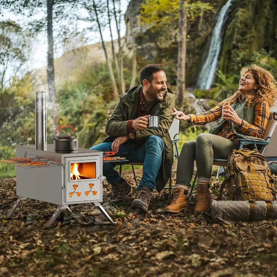 2 in 1 Wood Burning Sauna Hot Tent Stove with Integrated Chimney Pipe for Outdoor Camping Heating Efficient Indoor-Outdoor Use