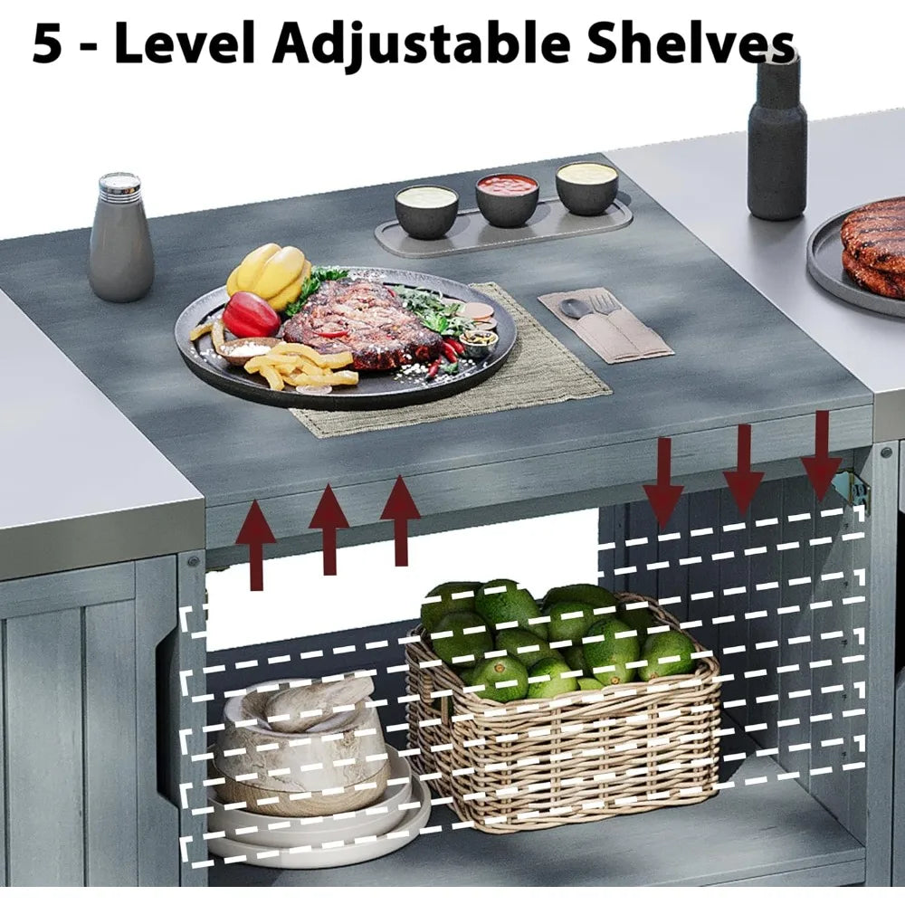 Outdoor Kitchen Island for Big Green Egg Grills, 66.5" Solid Wood Outdoor Grill Table with Stainless Steel Top, Rolling Kitchen