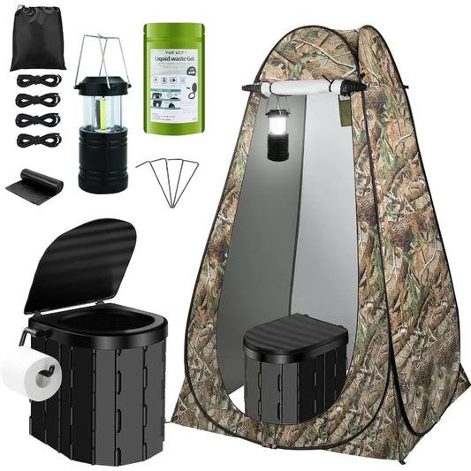 Portable Toilet Kit Camping Toilet with Pop-Up Privacy Tent and Poo Gel Toilet Bags Washable Portable Outdoor Showers Changing