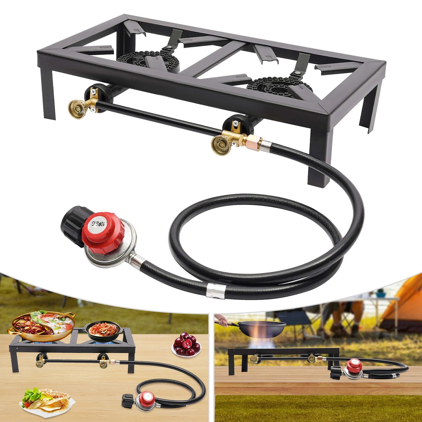 2 Burners Portable Gas Stove Camping Grill Propane Cooker Outdoor Gas Stove Desktop Burner for BBQ Picnic Hiking 8000W