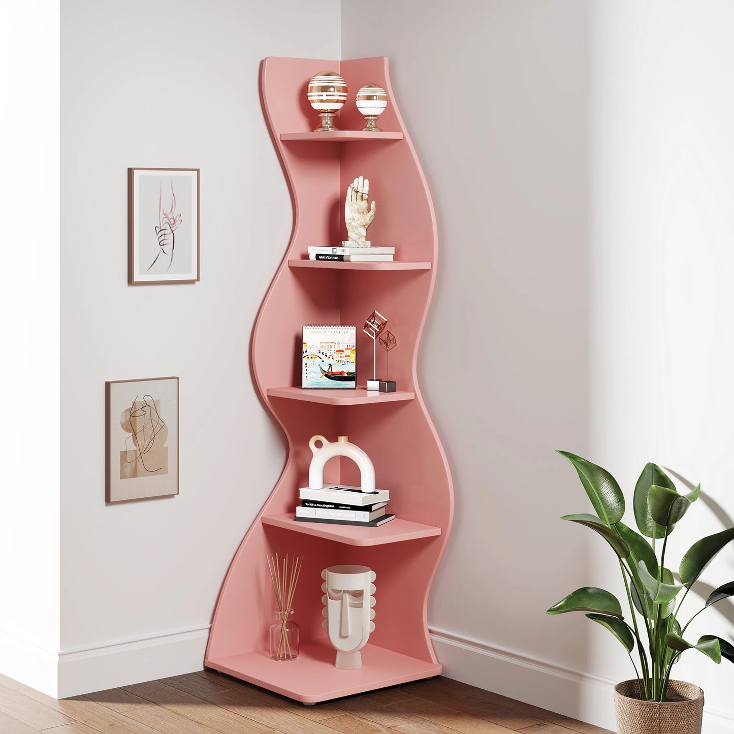 Tribesigns 5-Tier Corner Shelf, Modern Wall Corner Bookshelf, Stylish Corner Small Bookcase Storage Rack Plant Stand