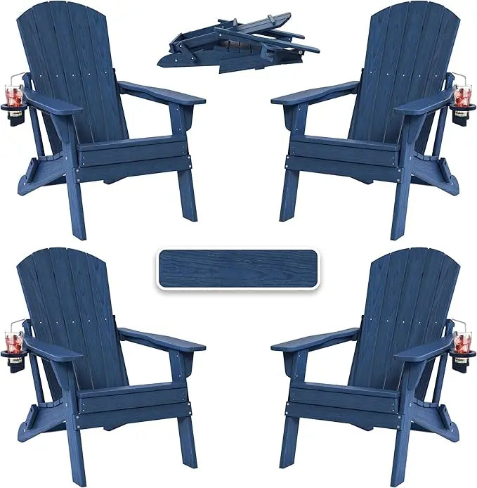 Folding Adirondack Chair with Cup Holder, HDPE All Weather Resistant Plastic Outdoor Patio Chairs, Heavy Duty Fire Pit Seating