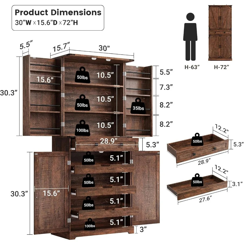 72" Tall Kitchen Pantry Cabinet, Rustic Brown Farmhouse Pantry with Large Food Storage for Kitchen Dining Room Living Roo