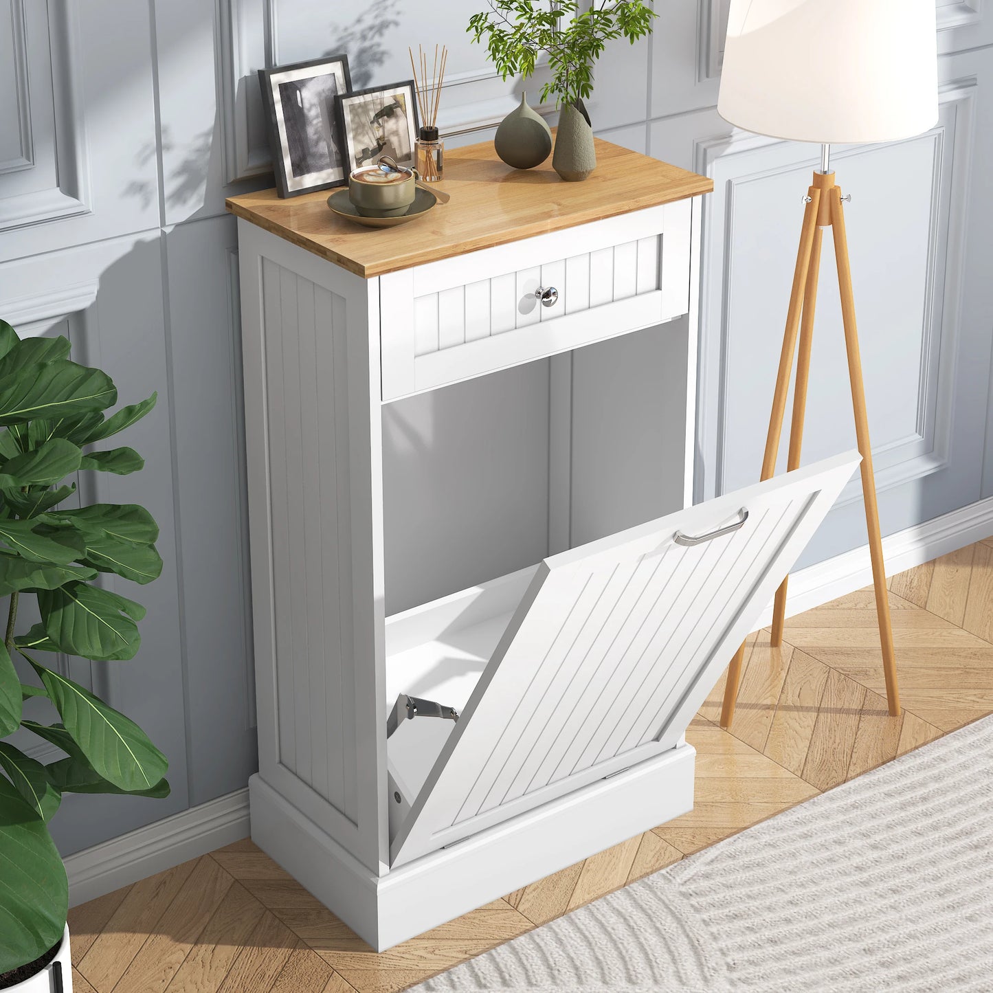 Single Trash Cabinet Tilt Out Freestanding, Pet Proof Kitchen Trash Cabinet Laundry Hamper with Cutting Board, Hideaway Trash