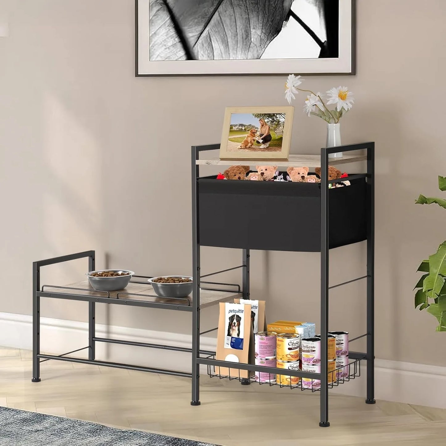 Height Adjustable Dog Bowl Stand w/ Storage Shelf, Raised Feeder Station for Small Medium Dogs, Food & Toys Organizer Bin