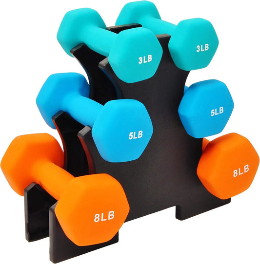 Set of 6 Neoprene Dumbbell Hand Weights with Rack: 3/5/8 Pairs for Home Gym, Fitness Training