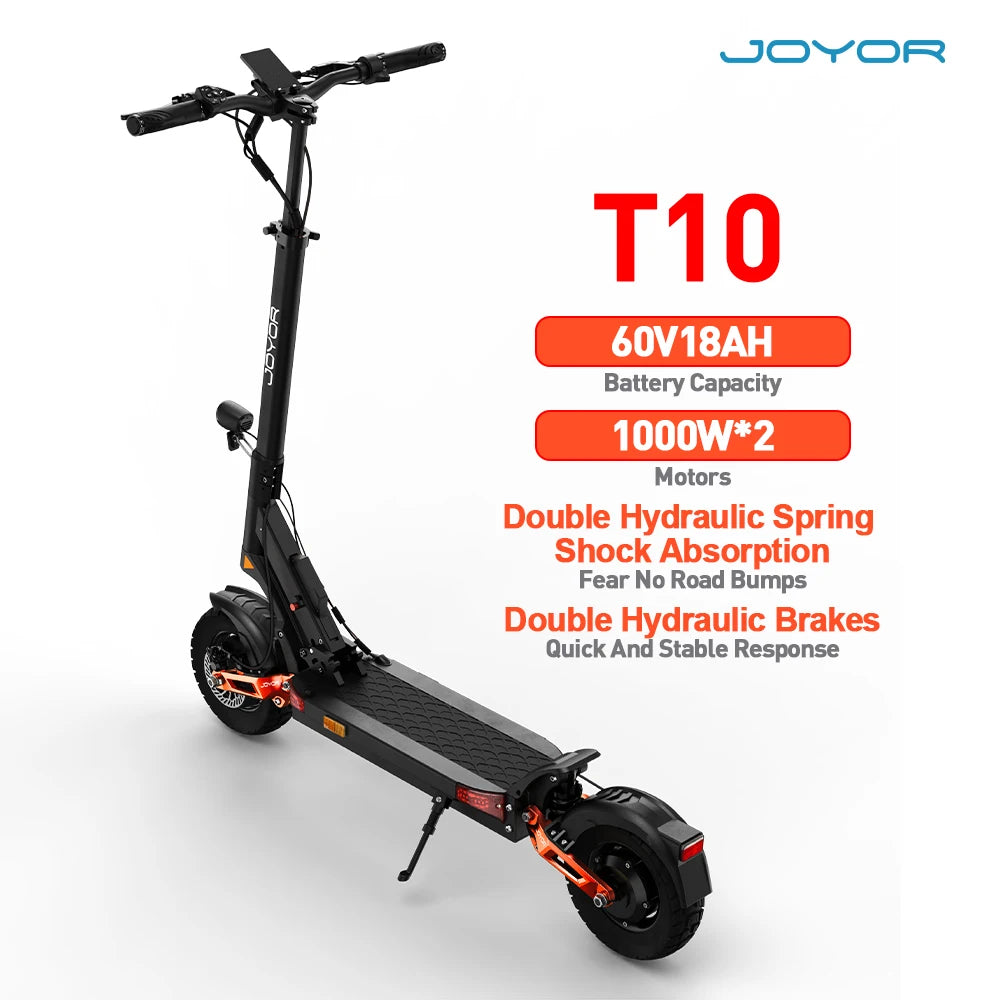 JOYOR T10 Adult Electric Scooter 60V18Ah 1000W*2 Dual Motor Speed 60KM/H Range 30-75KM 10 Inch Off-Road Tires Folding E-Scooter