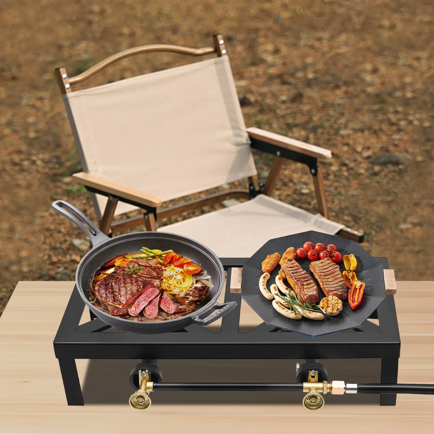 2 Burners Portable Gas Stove Camping Grill Propane Cooker Outdoor Gas Stove Desktop Burner for BBQ Picnic Hiking 8000W