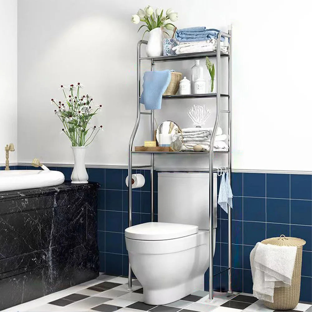 Stainless Steel Over Toilet Organizer Rack w/Removable Towel Hooks, Paper Holder, Bathroom Organizer Over Toilet, Easy Assembly