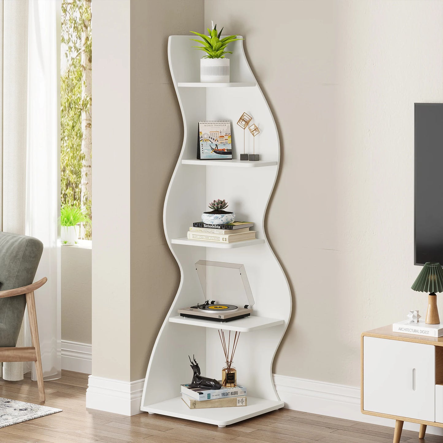 Tribesigns 5-Tier Corner Shelf, Modern Wall Corner Bookshelf, Stylish Corner Small Bookcase Storage Rack Plant Stand
