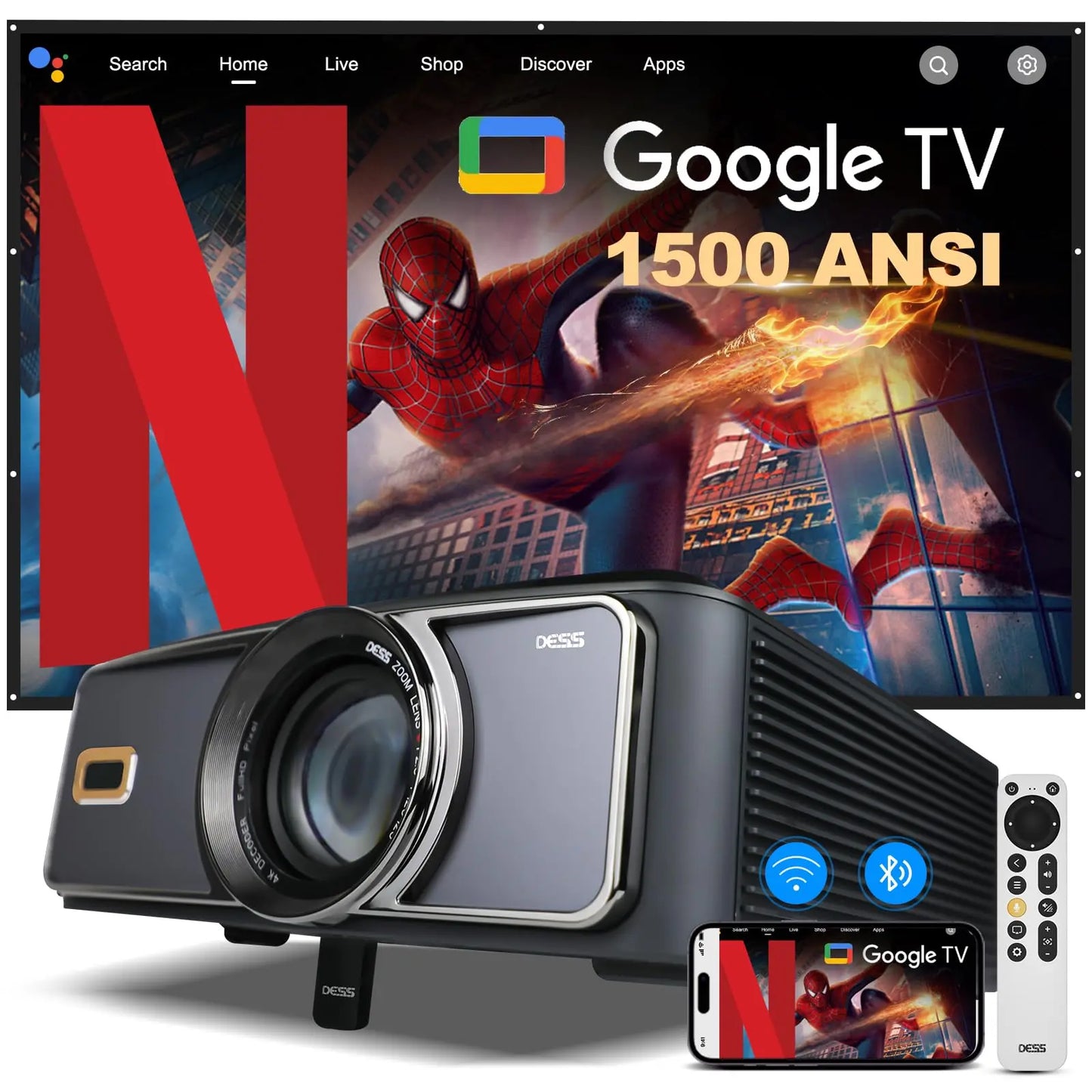 DESS Projector 4k Auto Focus Voice Control Home Theater Video Android Full Hd Smart Projector with Netflix & Google TV Projector