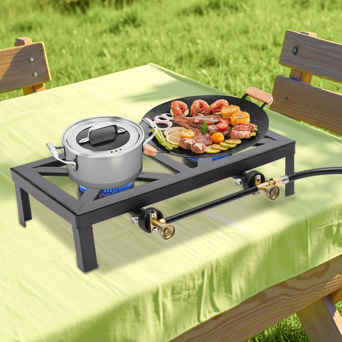 2 Burners Portable Gas Stove Camping Grill Propane Cooker Outdoor Gas Stove Desktop Burner for BBQ Picnic Hiking 8000W
