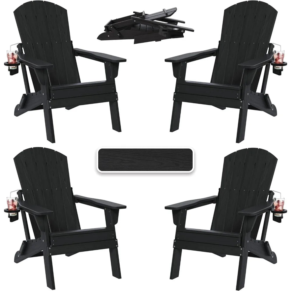 Folding Adirondack Chair with Cup Holder, HDPE All Weather Resistant Plastic Outdoor Patio Chairs, Heavy Duty Fire Pit Seating