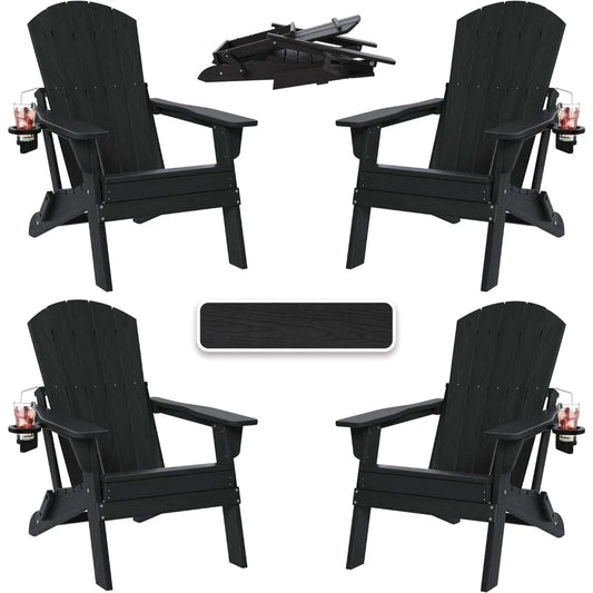 Folding Adirondack Chair with Cup Holder, HDPE All Weather Resistant Plastic Outdoor Patio Chairs, Heavy Duty Fire Pit Seating