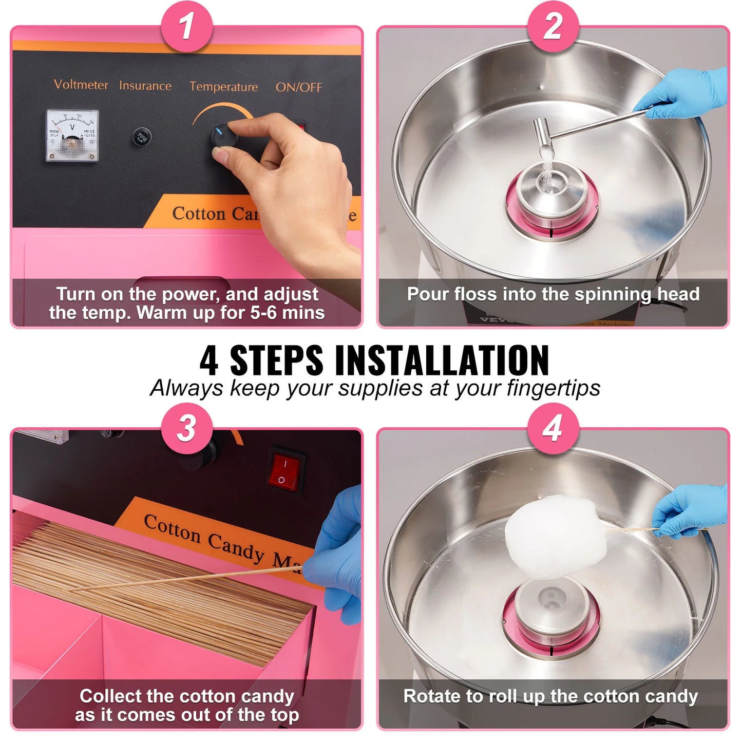 SucceBuy Electric Cotton Candy Machine Commercial Floss Maker with Stainless Steel Bowl Sugar Scoop Drawer for Birthday Party