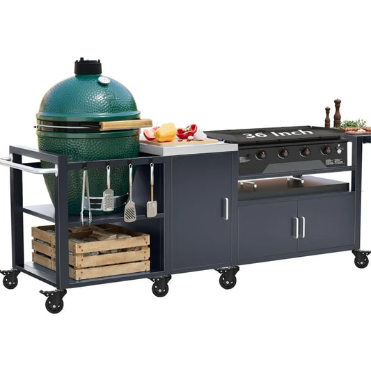 outdoor grill cart for big green egg& blackstone griddle, metal grill table compatible with large big green egg and 28"/36" bla